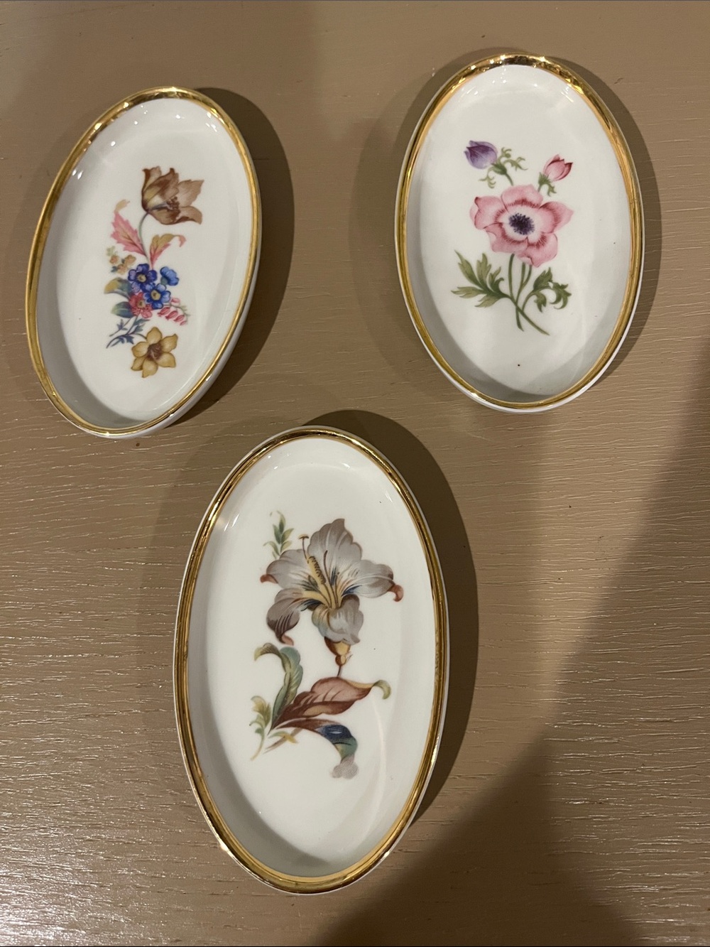 VTG Danmark Porcelain Gold Rim Floral Trinket Tray Dish Denmark Set of 3